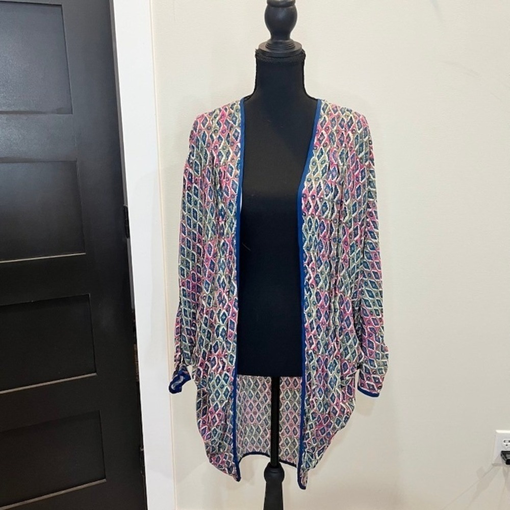 Soft Surroundings Kimono Cardigan Pink Blue Ikat Geometric Print L/XL Boho Indie